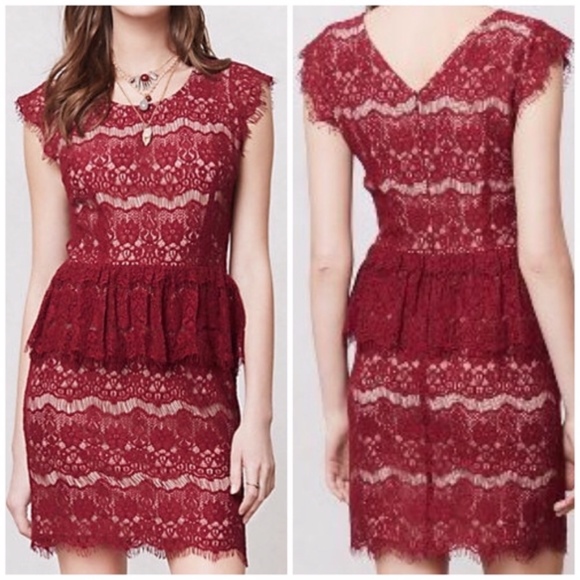 Maeve Dresses & Skirts - Anthropologie Maeve Wine Bordeaux Lace Peplum Cap‎ Sleeve Dress AD8522B NEW S
